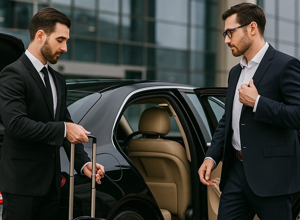 Executive transfer in Florianópolis — chauffeur greeting a passenger with luggage